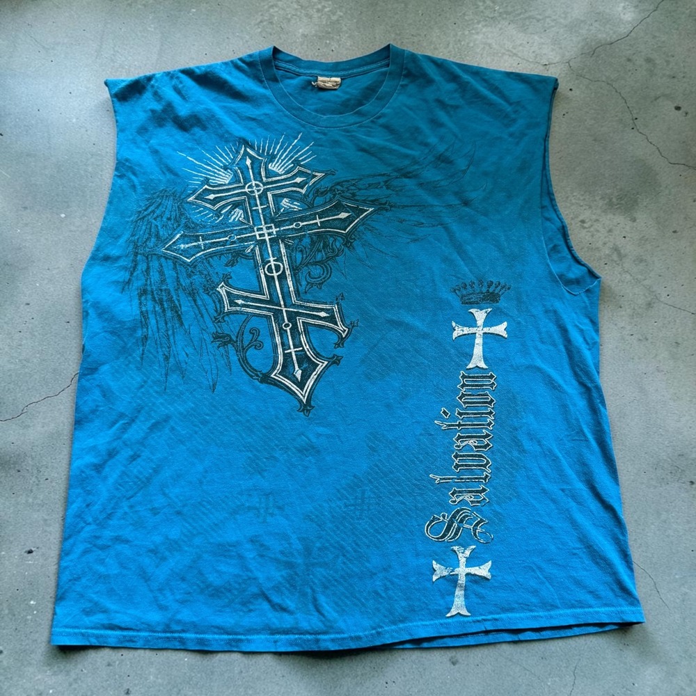 Mens Salvation Gothic Cross Graphic Muscle Tee Blue Sleeveless Shirt XL 2XL